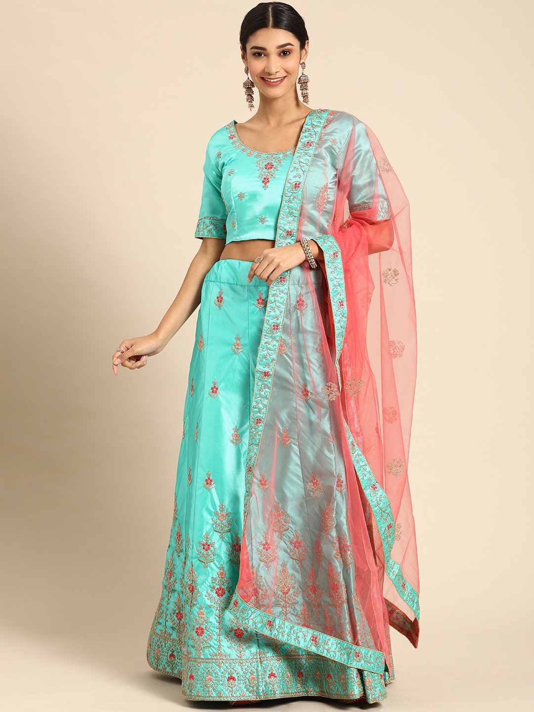 

Shaily Turquoise & Peach-Coloured Semi-Stitched Lehenga & Unstitched Blouse with Dupatta, Turquoise blue