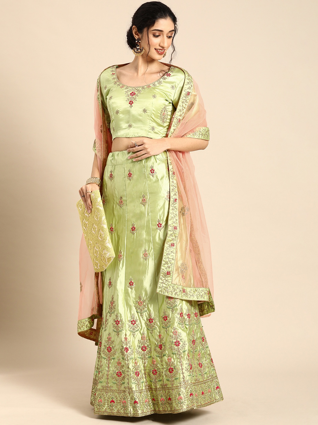 

Shaily Olive Green & Pink Embroidered Semi-Stitched Lehenga & Unstitched Blouse with Dupatta