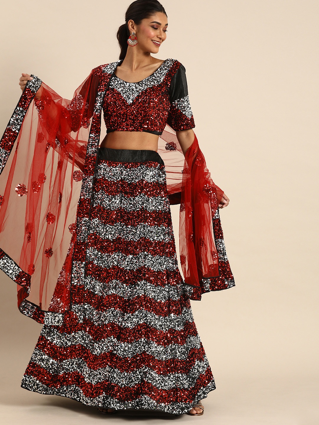 

Shaily Black & Red Embellished Ready to Wear Lehenga & Unstitched Blouse with Dupatta