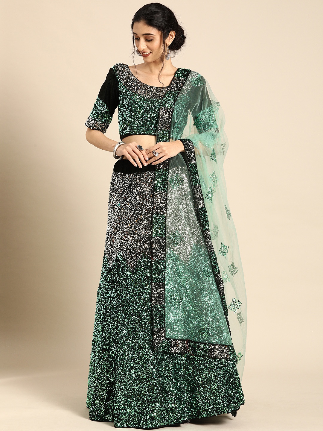 

Shaily Black & Green Embellished Semi-Stitched Lehenga & Unstitched Blouse with Dupatta