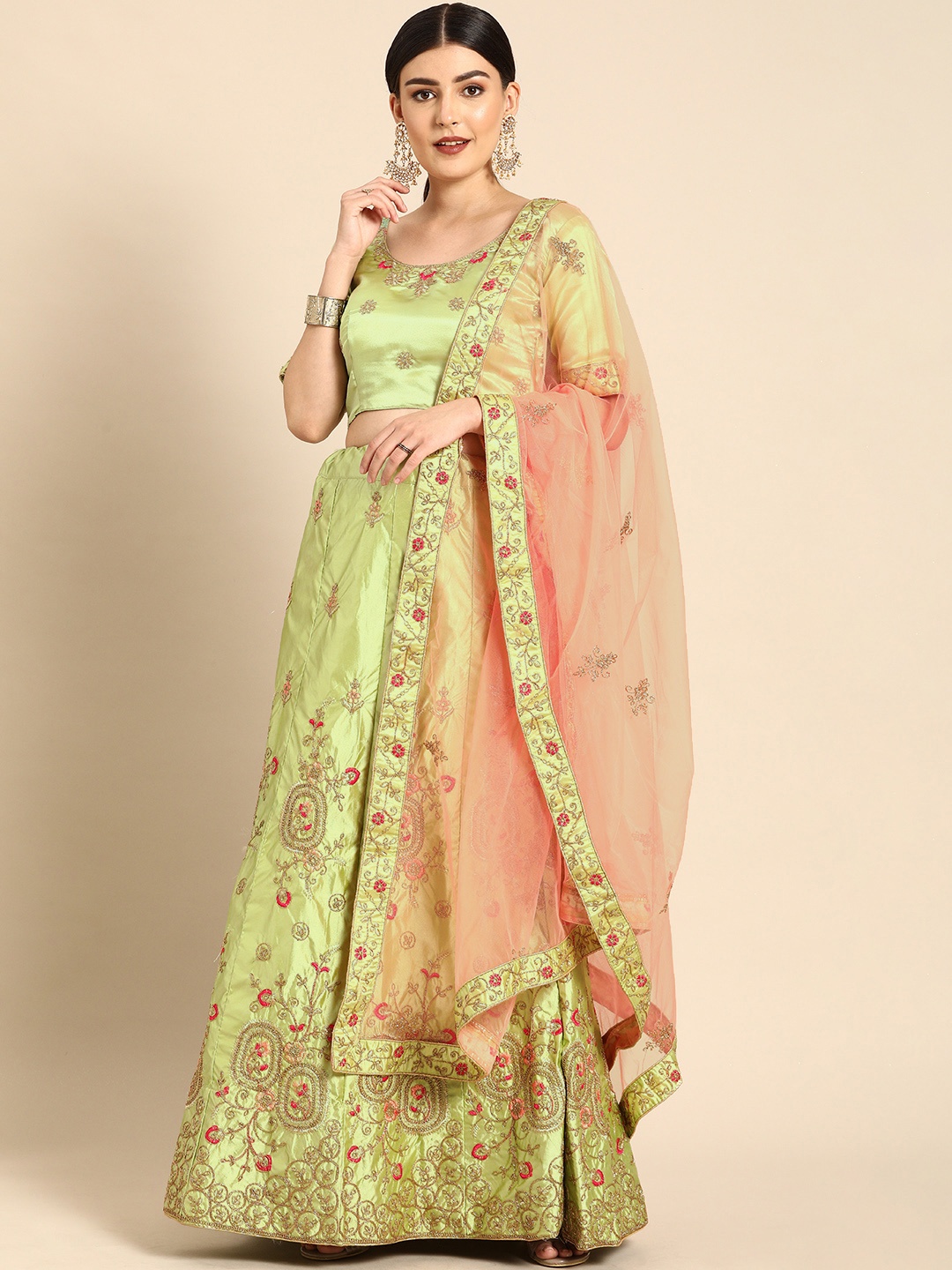 

Shaily Green & Peach-Coloured Embroidered Semi-Stitched Lehenga & Unstitched Blouse with Dupatta