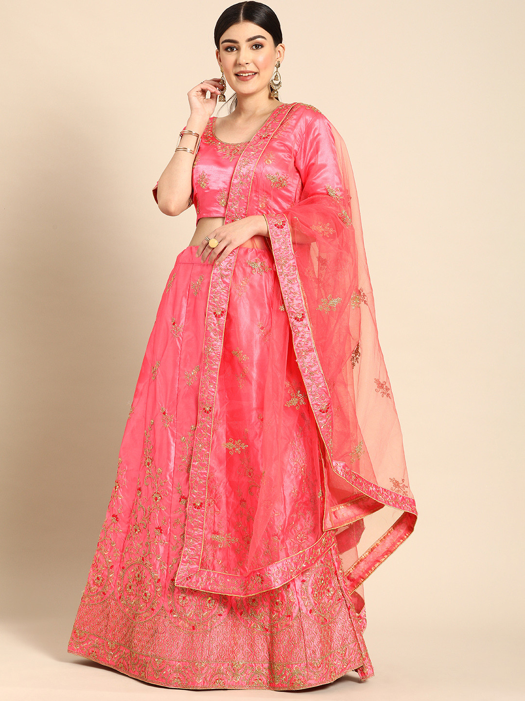 

Shaily Pink Embroidered Semi-Stitched Lehenga & Unstitched Blouse with Dupatta