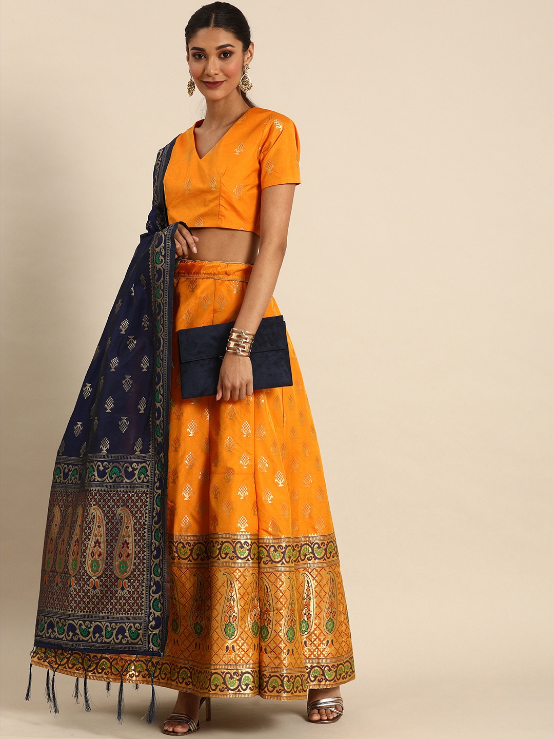 

Shaily Mustard Yellow Woven Design Semi-Stitched Lehenga & Unstitched Blouse with Dupatta