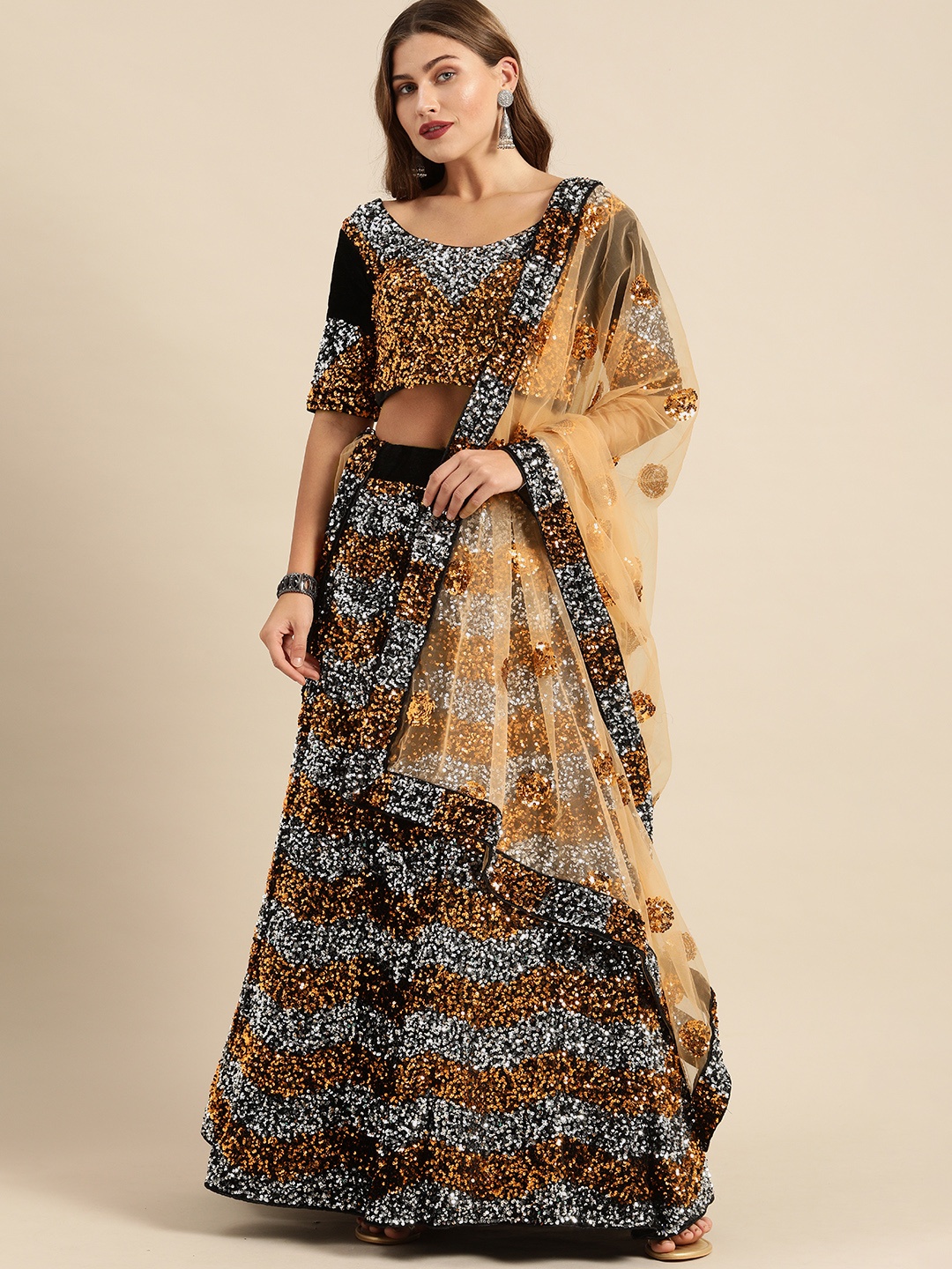 

Shaily Black & Gold-Toned Embellished Unstitched Lehenga & Blouse with Dupatta