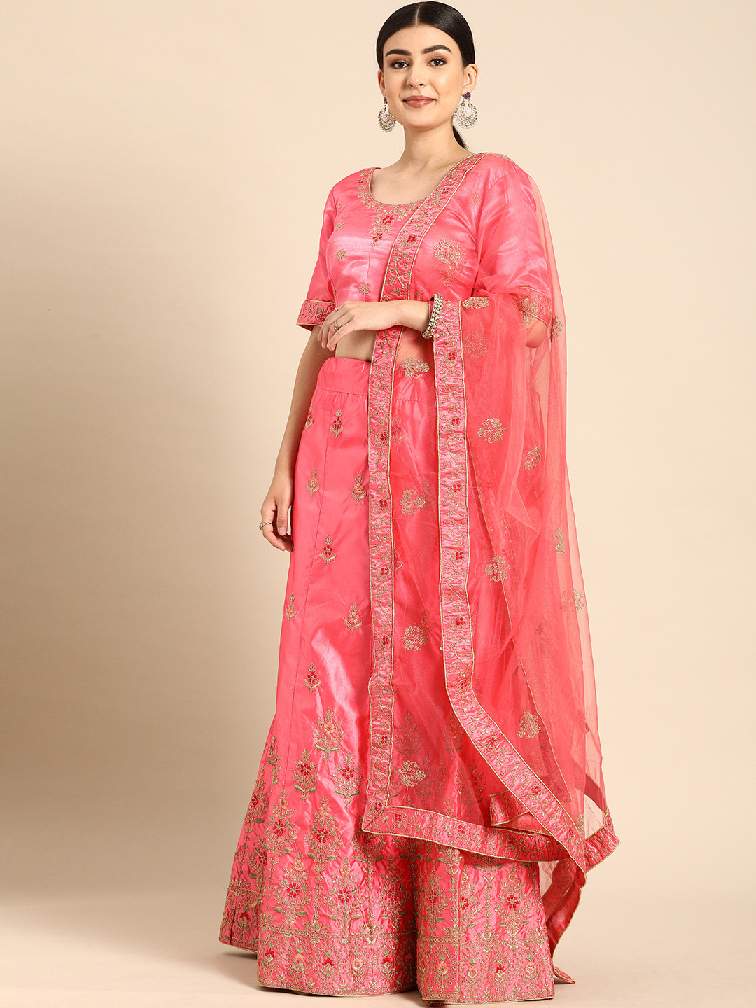 

Shaily Pink Embroidered Satin Semi Stitched Lehenga & Unstitched Blouse With Dupatta
