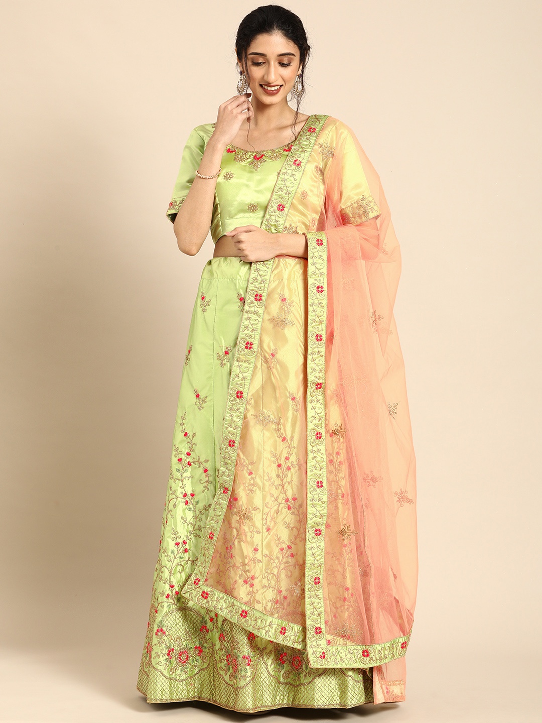 

Shaily Green & Peach-Coloured Embroidered Semi-Stitched Lehenga & Unstitched Blouse with Dupatta