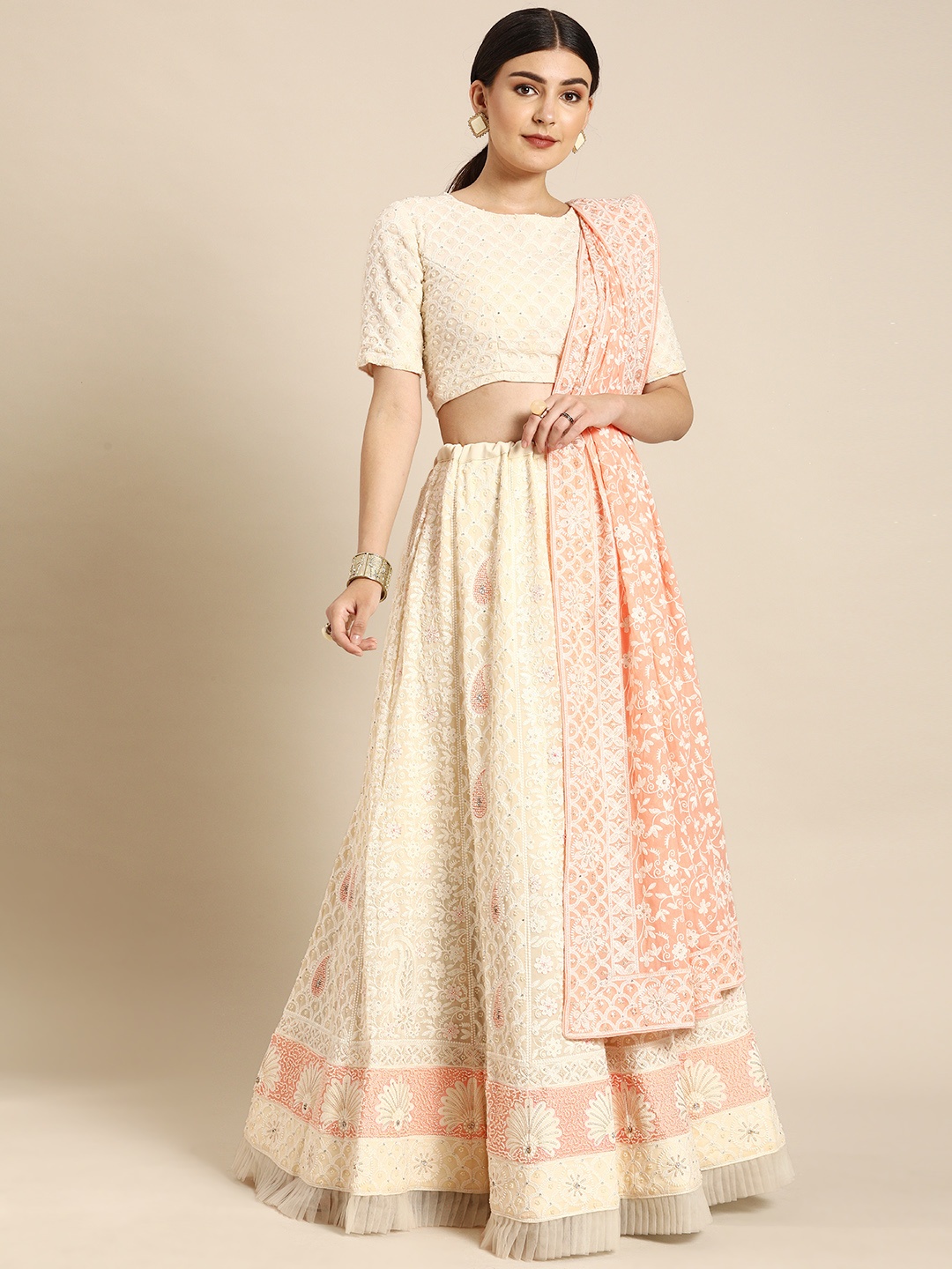 

Shaily White & Pink Embroidered Unstitched Lehenga & Blouse with Dupatta