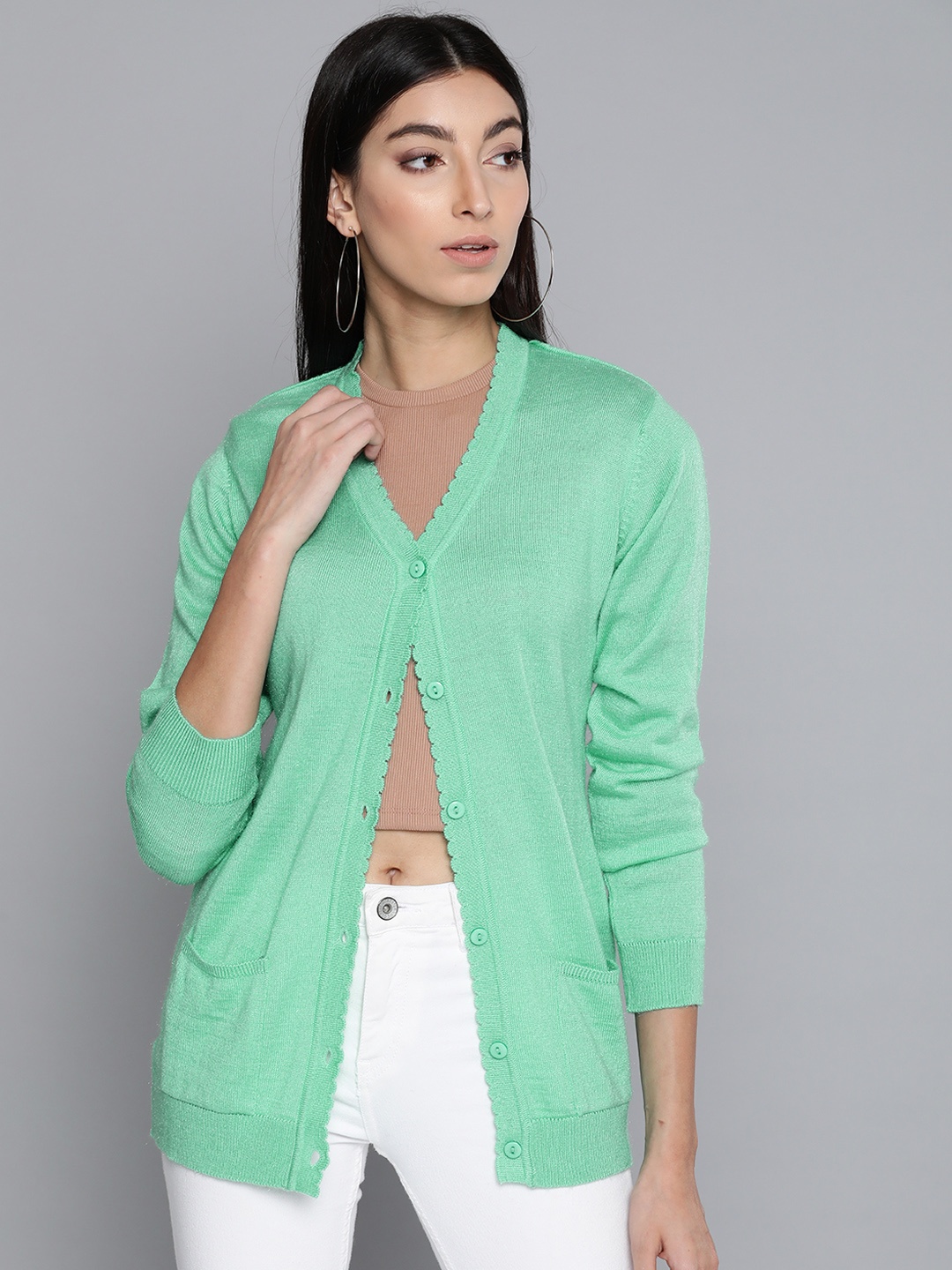 

Pierre Carlo Women Green Solid Cardigan