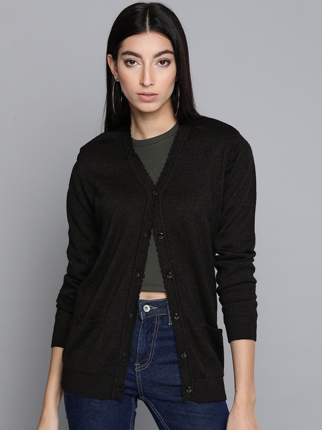 

Pierre Carlo Women Black Solid Cardigan Sweater