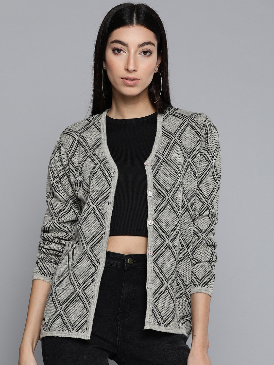

Pierre Carlo Women Grey & Black Geometric Woven Design Cardigan