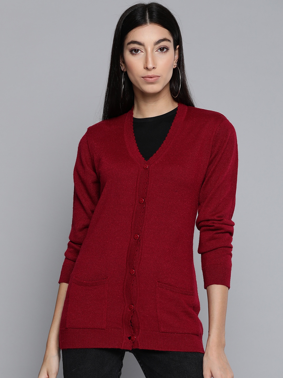 

Pierre Carlo Women Maroon Solid Cardigan Sweater