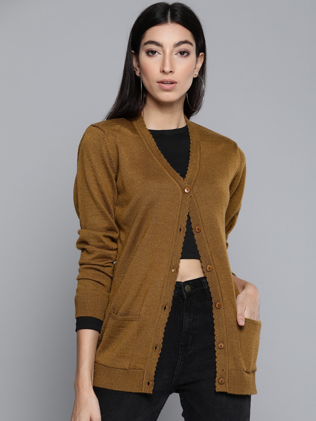 

Pierre Carlo Women Mustard Brown Solid Cardigan