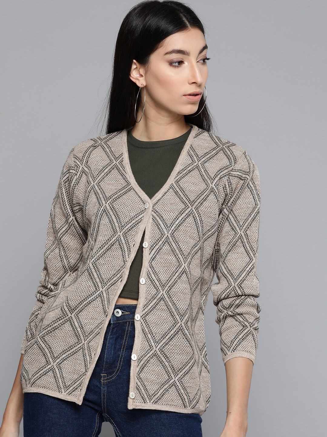 

Pierre Carlo Women Beige & Charcoal Grey Self-Design Cardigan
