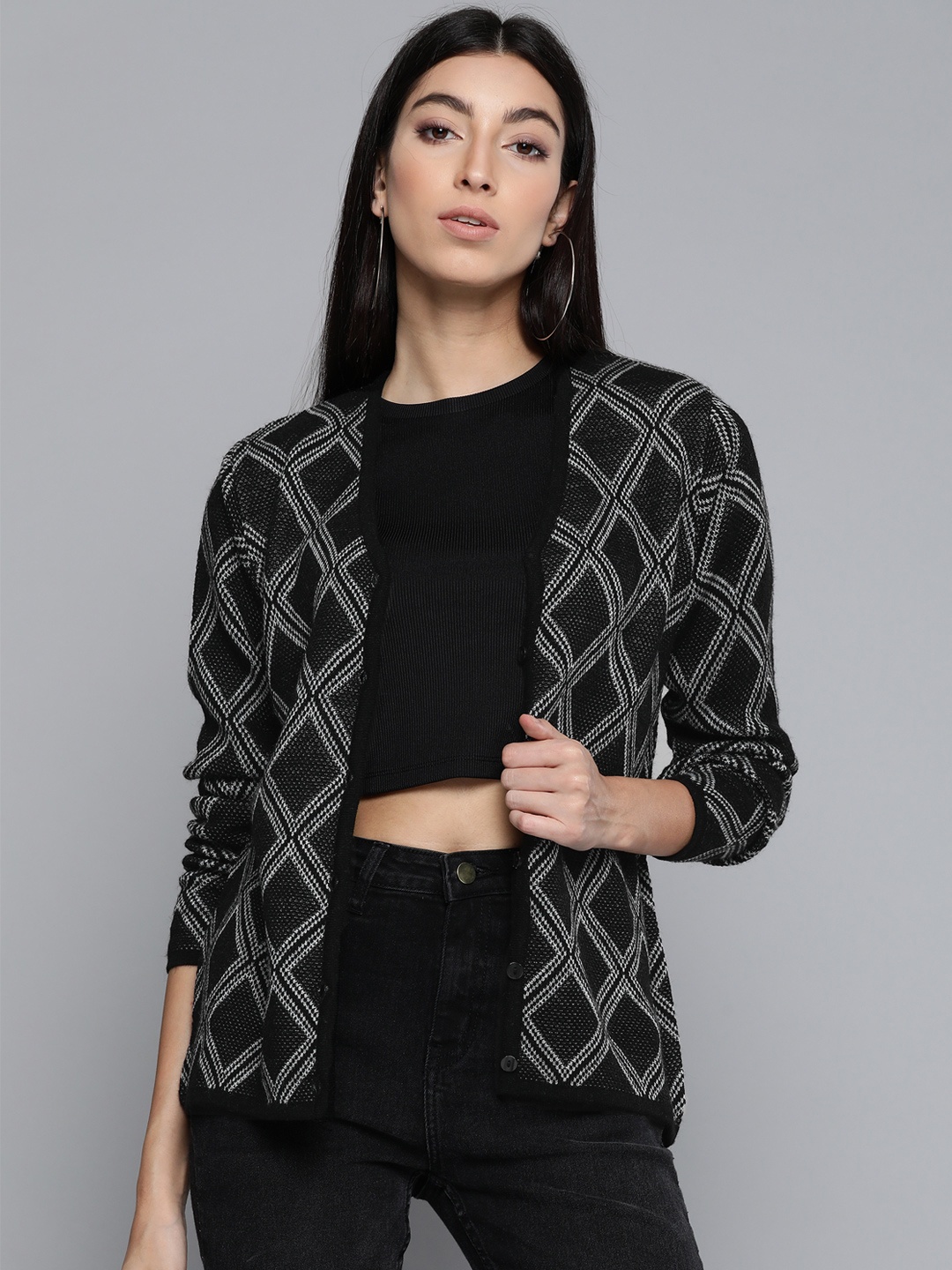 

Pierre Carlo Women Black & Grey Self Design Cardigan