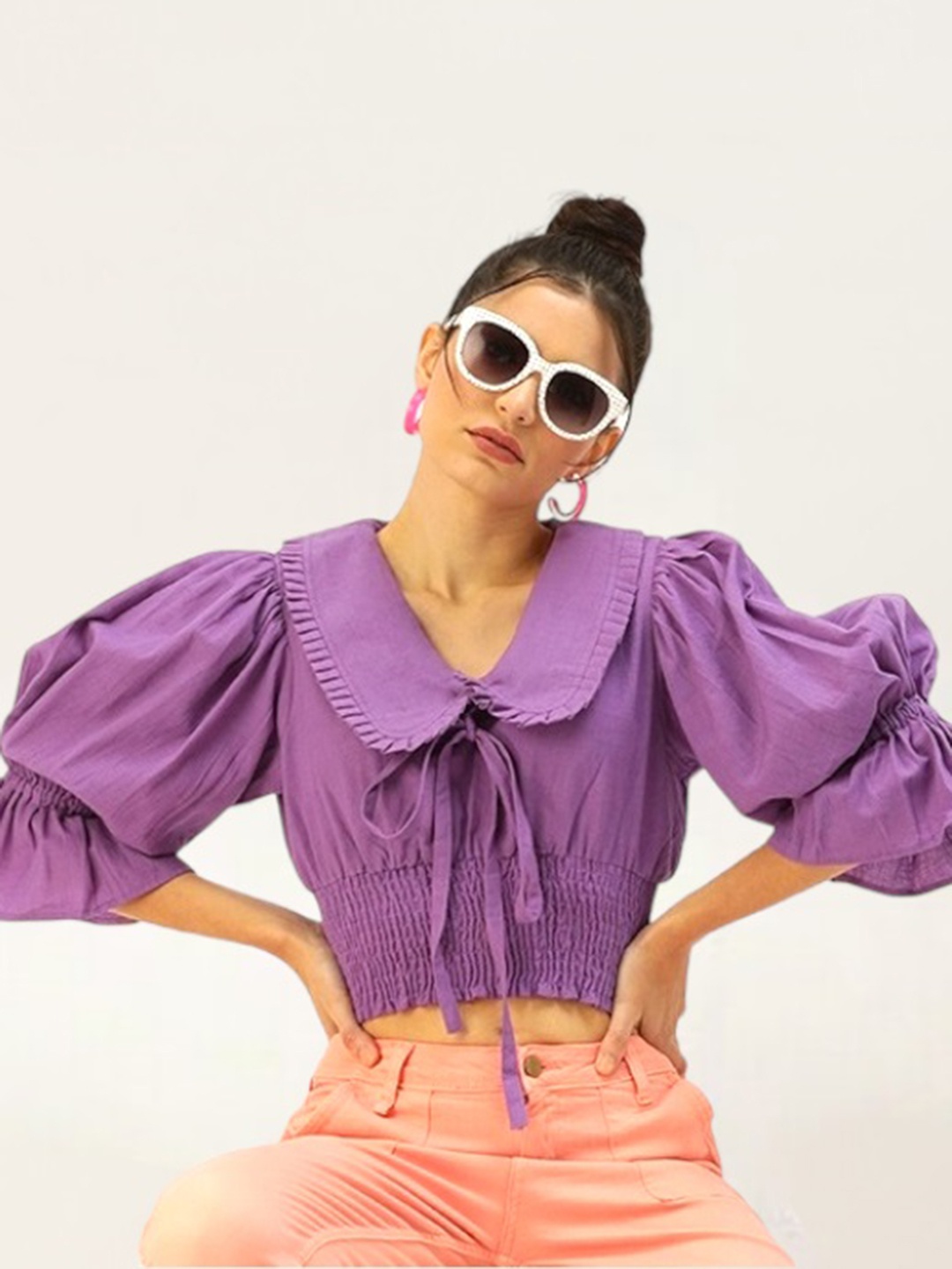 

The Dry State Purple Peter Pan Collar Puff Sleeves Victorian Pure Cotton Blouson Crop Top