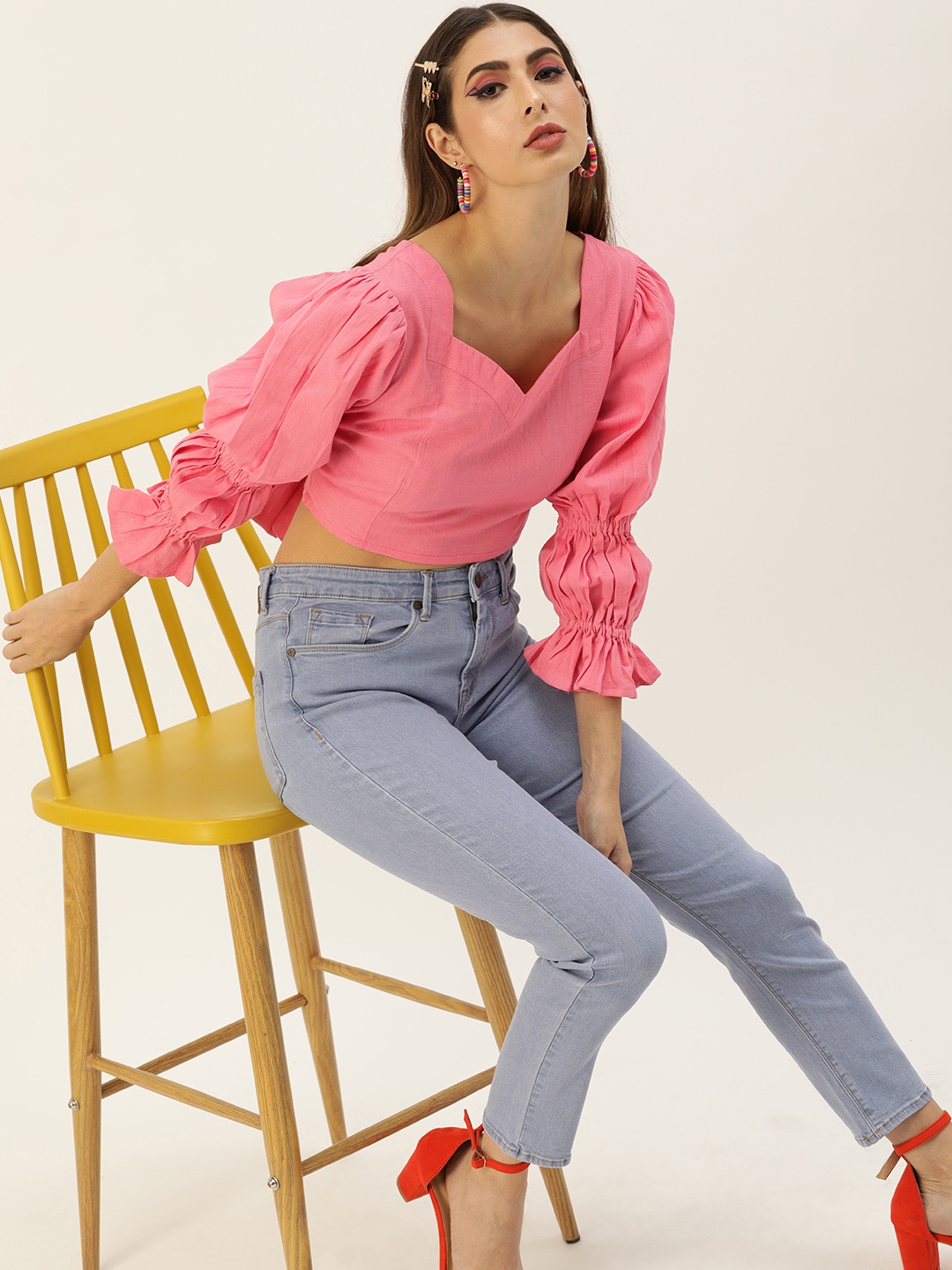 

The Dry State Pink Sweetheart Neck Puff Sleeves Victorian Pure Cotton Styled Back Crop Top