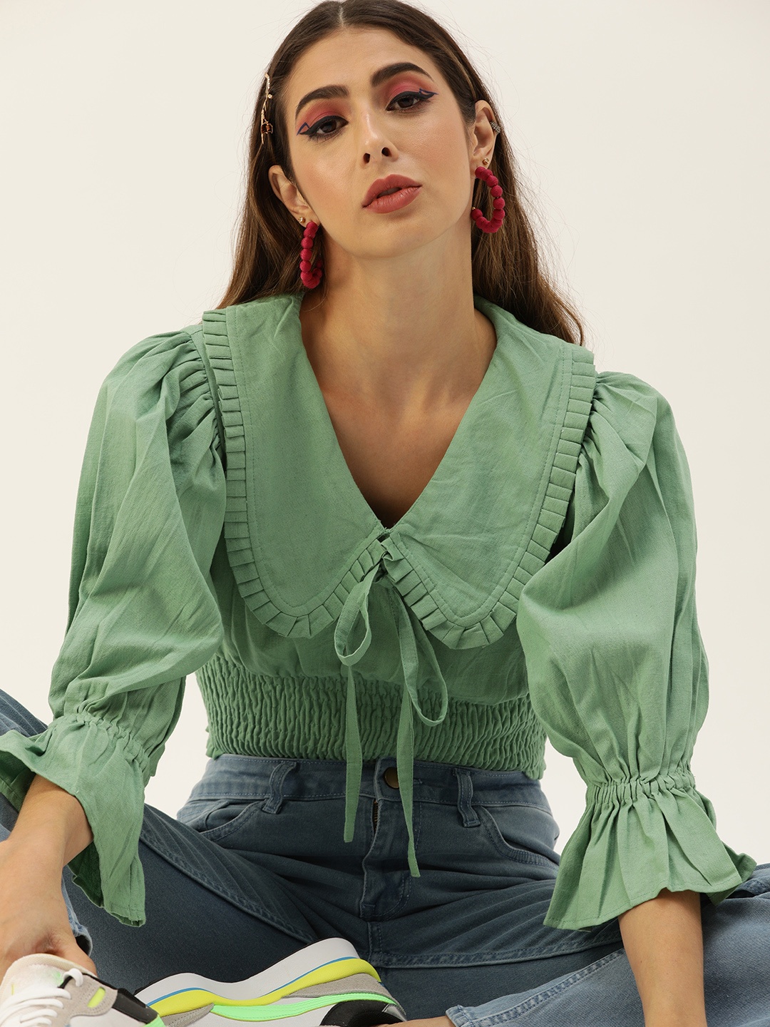 

The Dry State Turquoise Blue Peter Pan Collar Puff Sleeves Victorian Pure Cotton Blouson Top