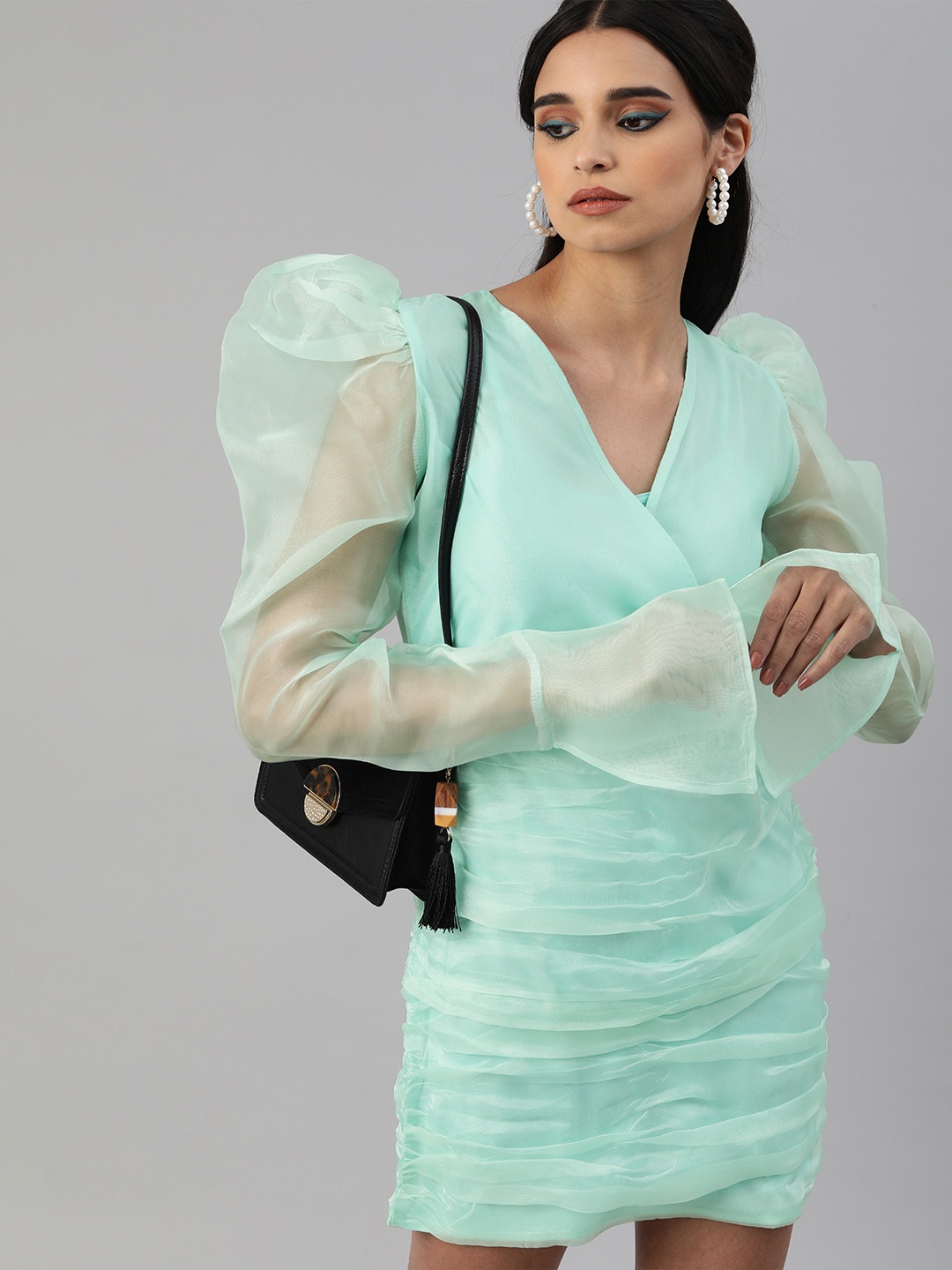 SCORPIUS Women Sea Green Solid Pleated Power Shoulder Sheath Dress