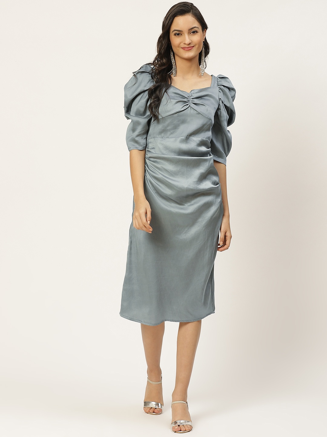 

WoowZerz Women Grey Solid Sheen Pleated Sheath Dress