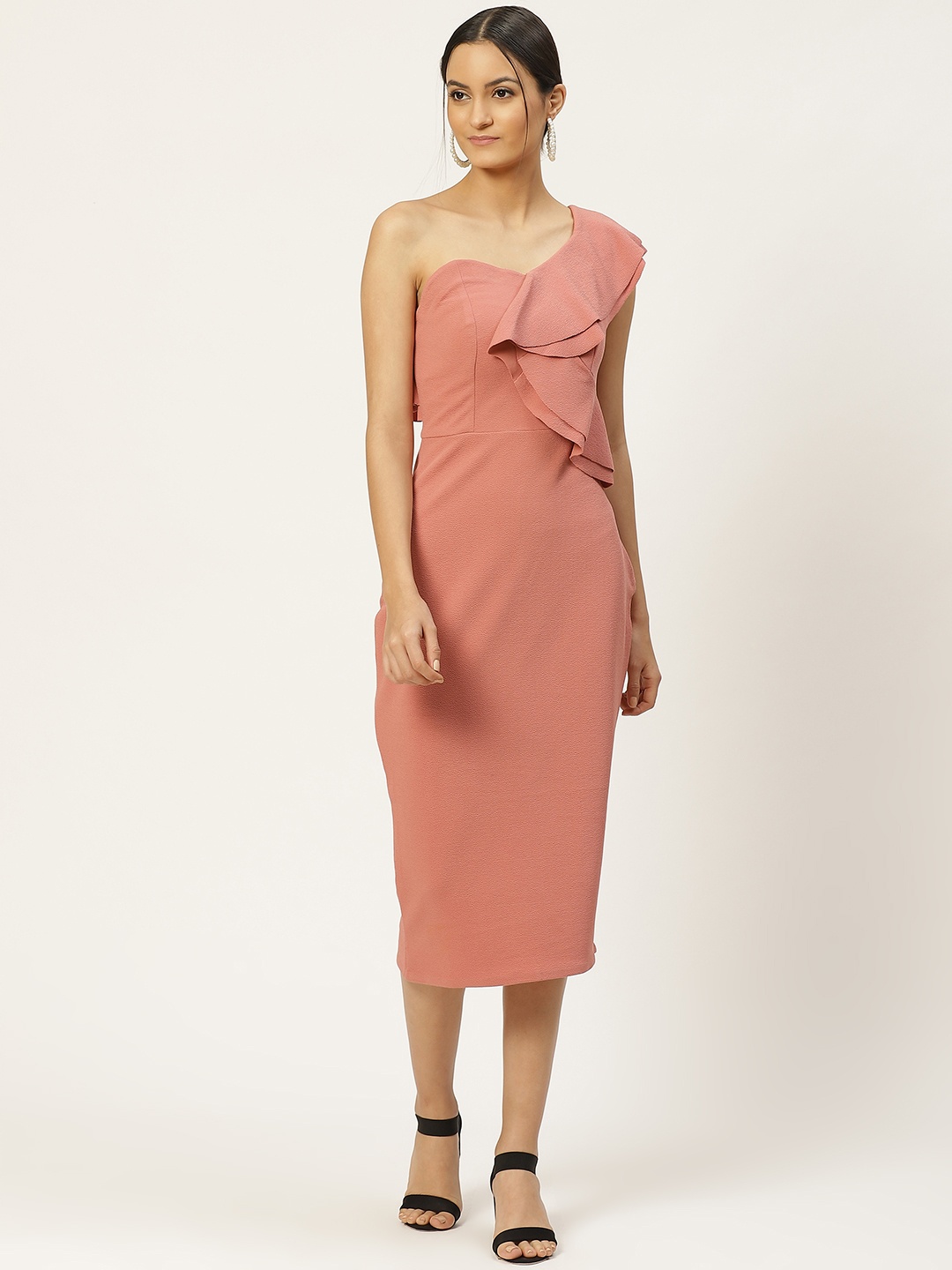 

WoowZerz Women Pink Ruffled One-Shoulder Solid Sheath Dress