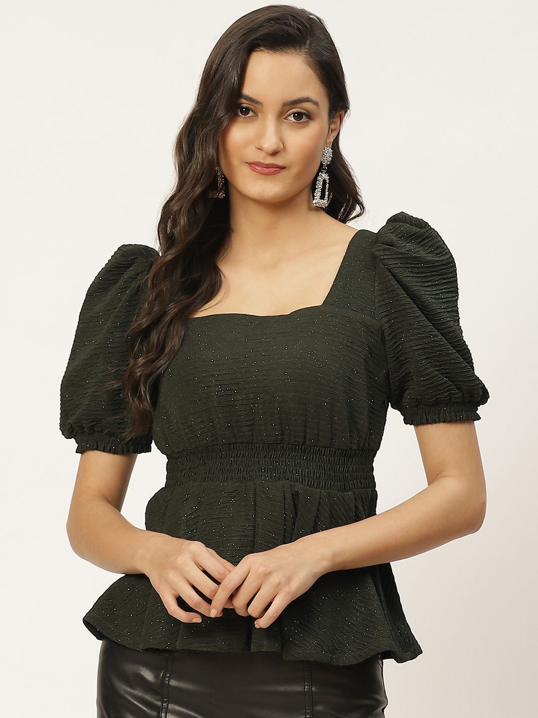 

WoowZerz Women Olive Green Shimmer Puff Sleeves Cinched Waist Top