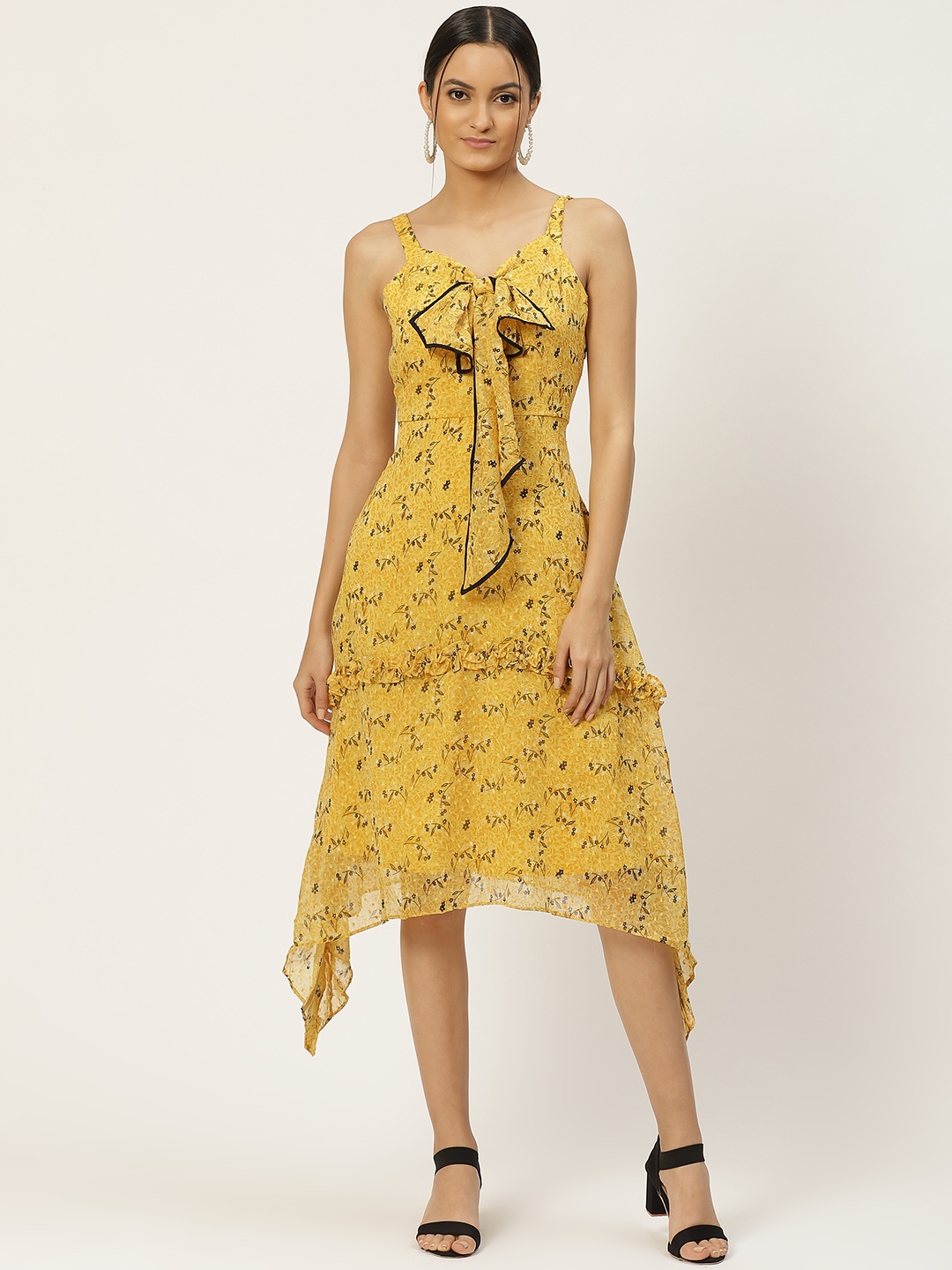 

WoowZerz Women Mustard Yellow Printed Tiered Asymmetric A-Line Dress