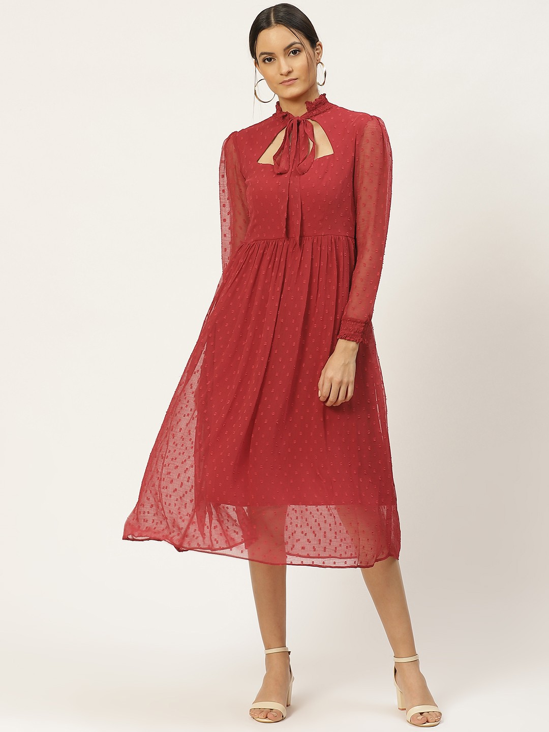 

WoowZerz Women Red Dobby Weave Self Design A-Line Dress