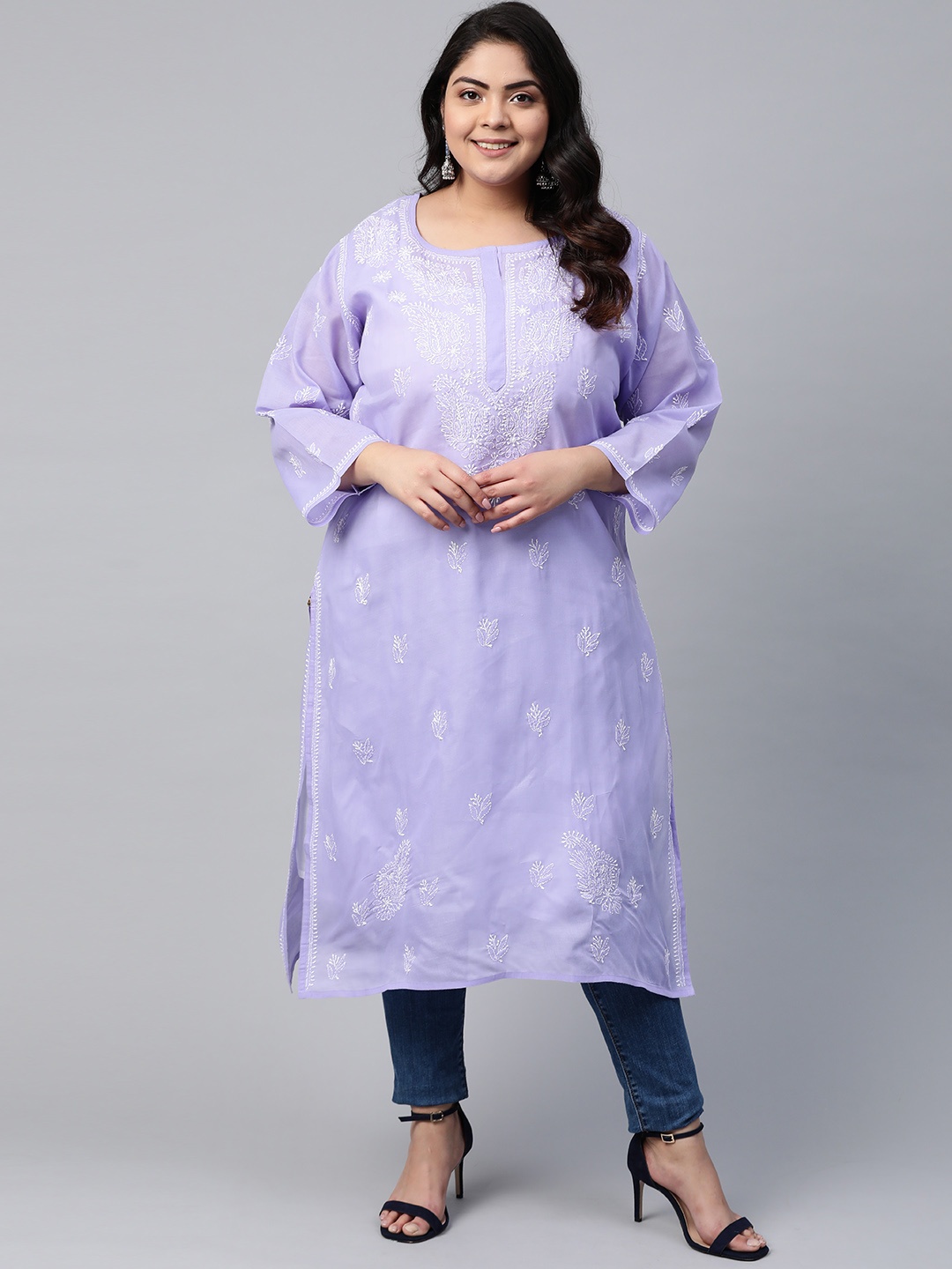 

ADA Women Plus Size Purple & White Pure Cotton Ethnic Motifs Embroidered Chikankari Kurta