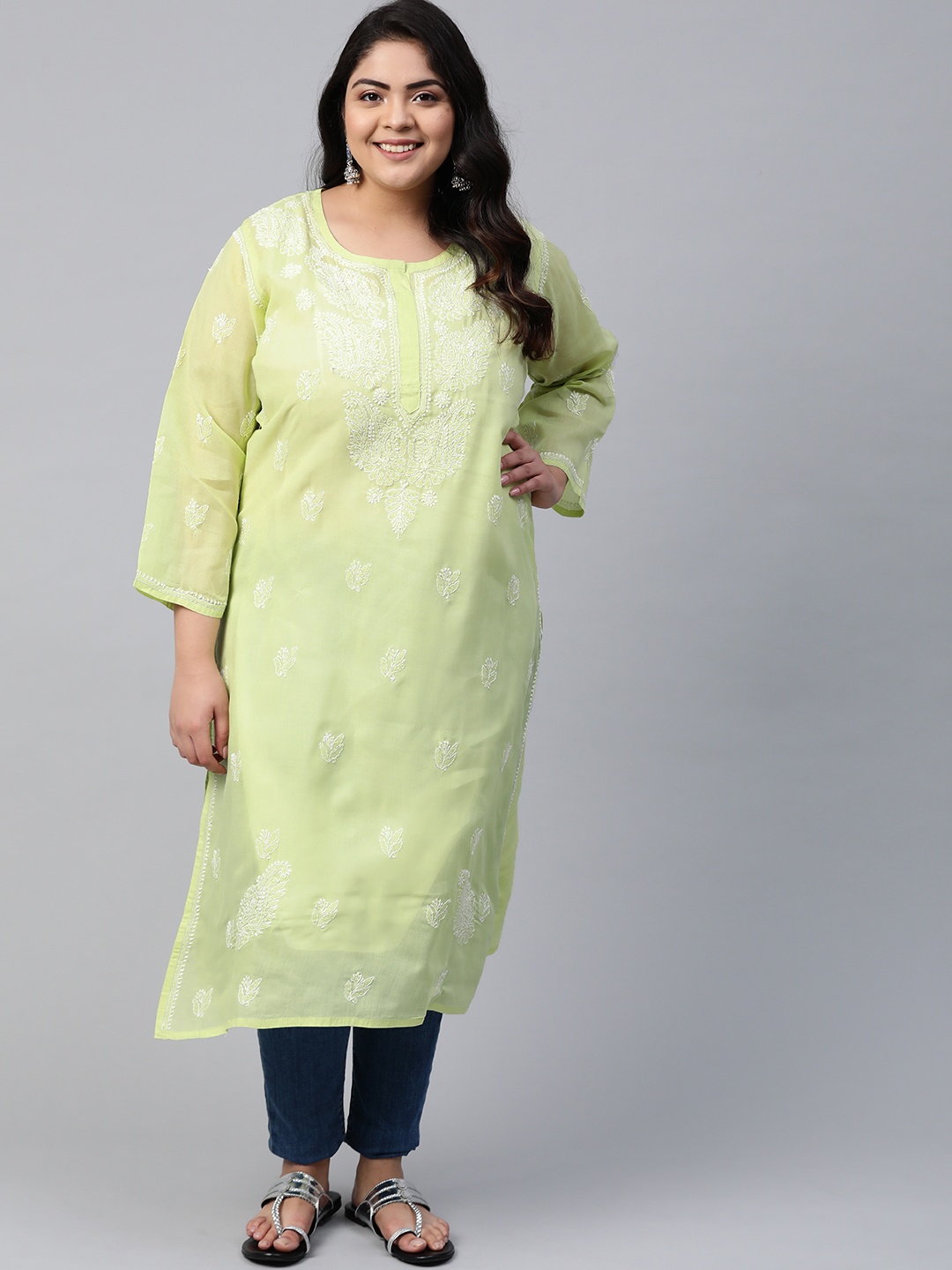 

ADA Women Plus Size Green & White Ethnic Motifs Embroidered Chikankari Kurta