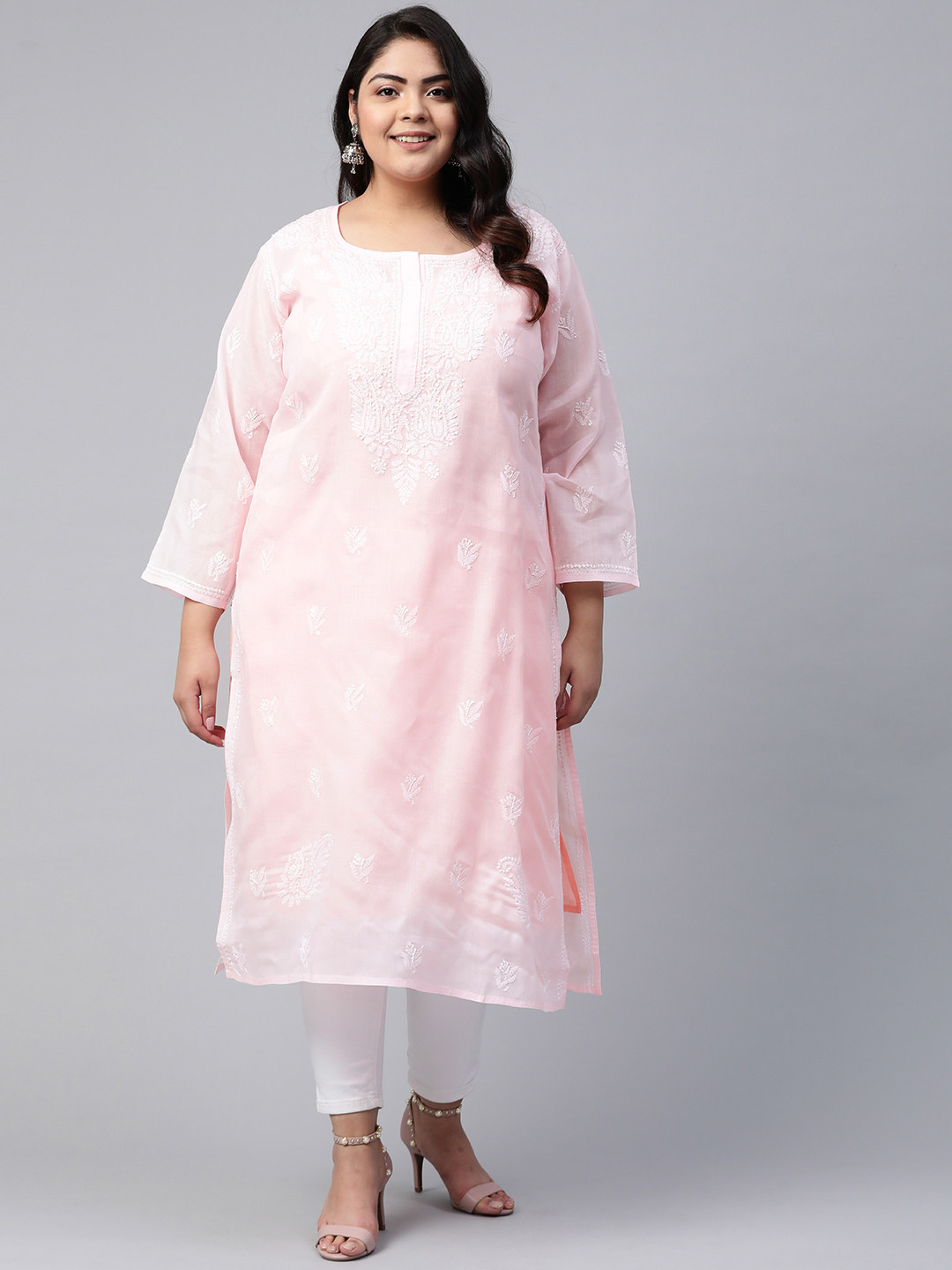 

Ada Women Plus Size Pink & White Pure Cotton Ethnic Motifs Embroidered Chikankari Handloom Kurta