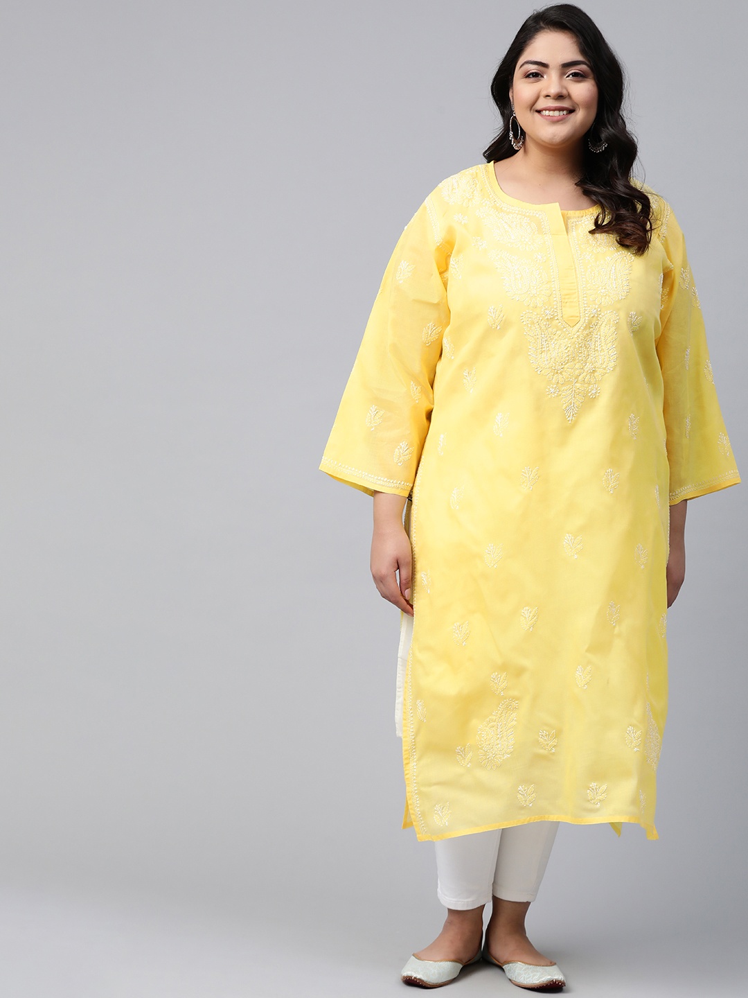 

Ada Women Plus Size Yellow & White Ethnic Motifs Cotton Chikankari Embroidered Kurta