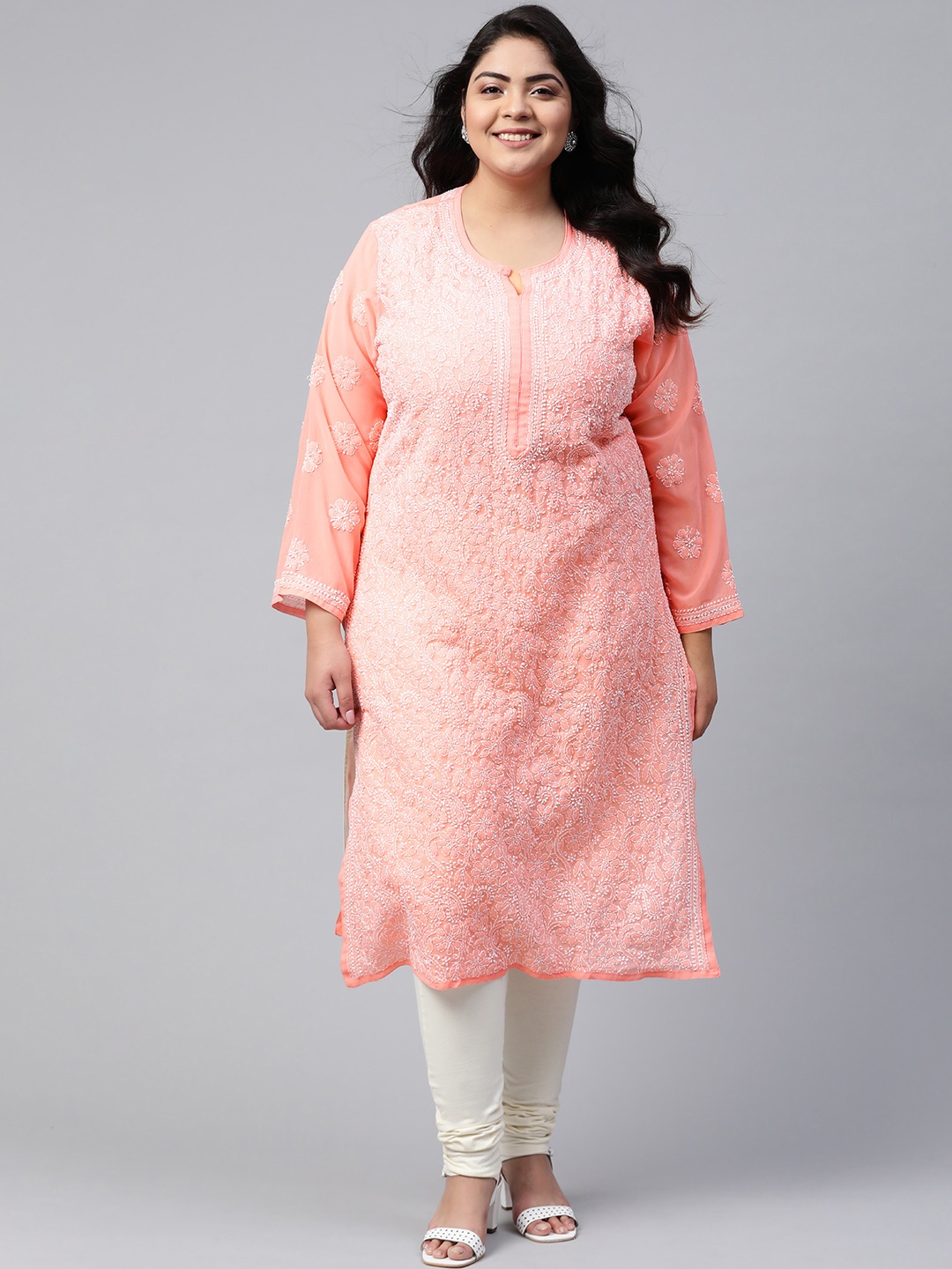 

Ada Women Plus Size Peach-Coloured & White Ethnic Motifs Chikankari Georgette Handloom Kurta