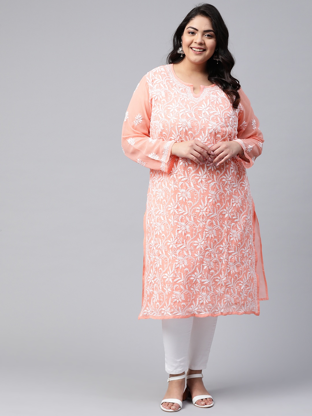 

ADA Women Plus Size Peach-Coloured & White Ethnic Motifs Chikankari Handloom Kurta With Slip