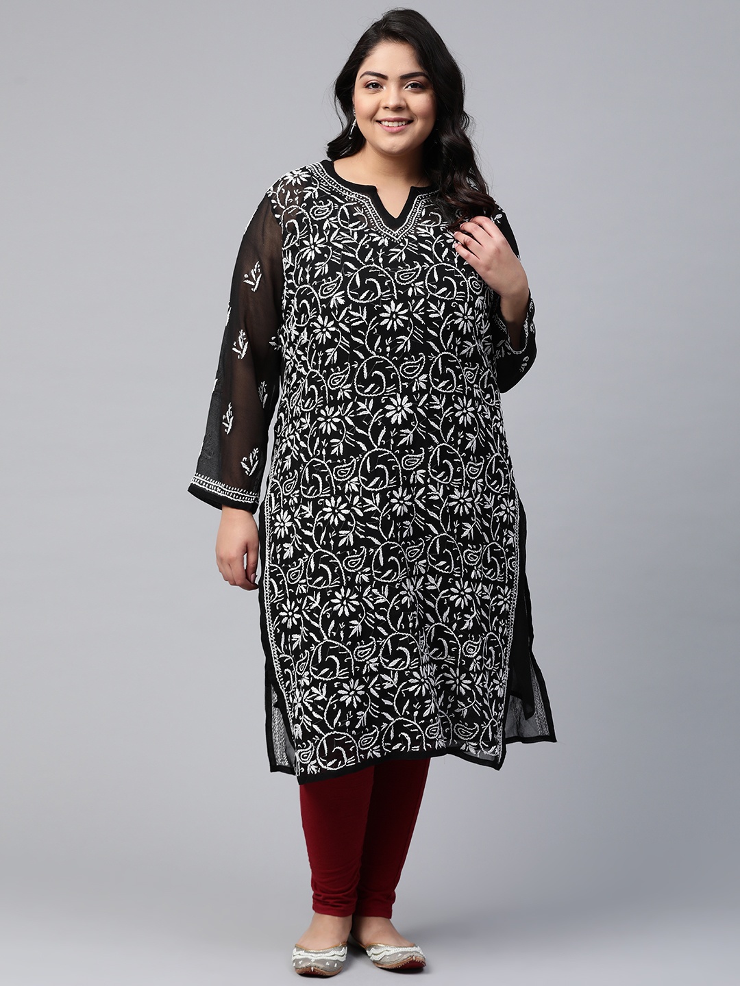 

ADA Women Plus Size Black & White Ethnic Motifs Chikankari Embroidered Georgette Kurta With Slip