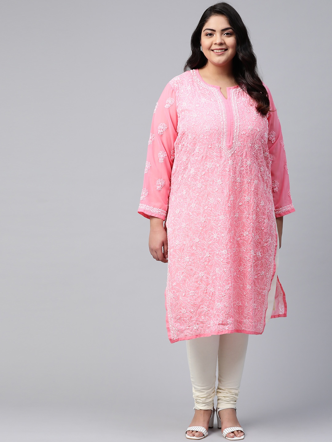 

Ada Plus Size Women Pink & White Chikankari Hand Embroidered Straight Kurta