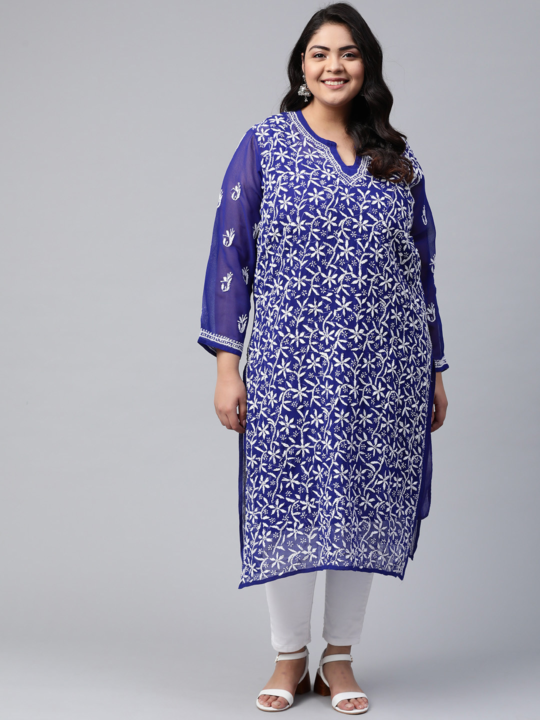 

ADA Plus Size Women Blue & White Chikankari Hand Embroidered Straight Handloom Kurta With Slip, Navy blue