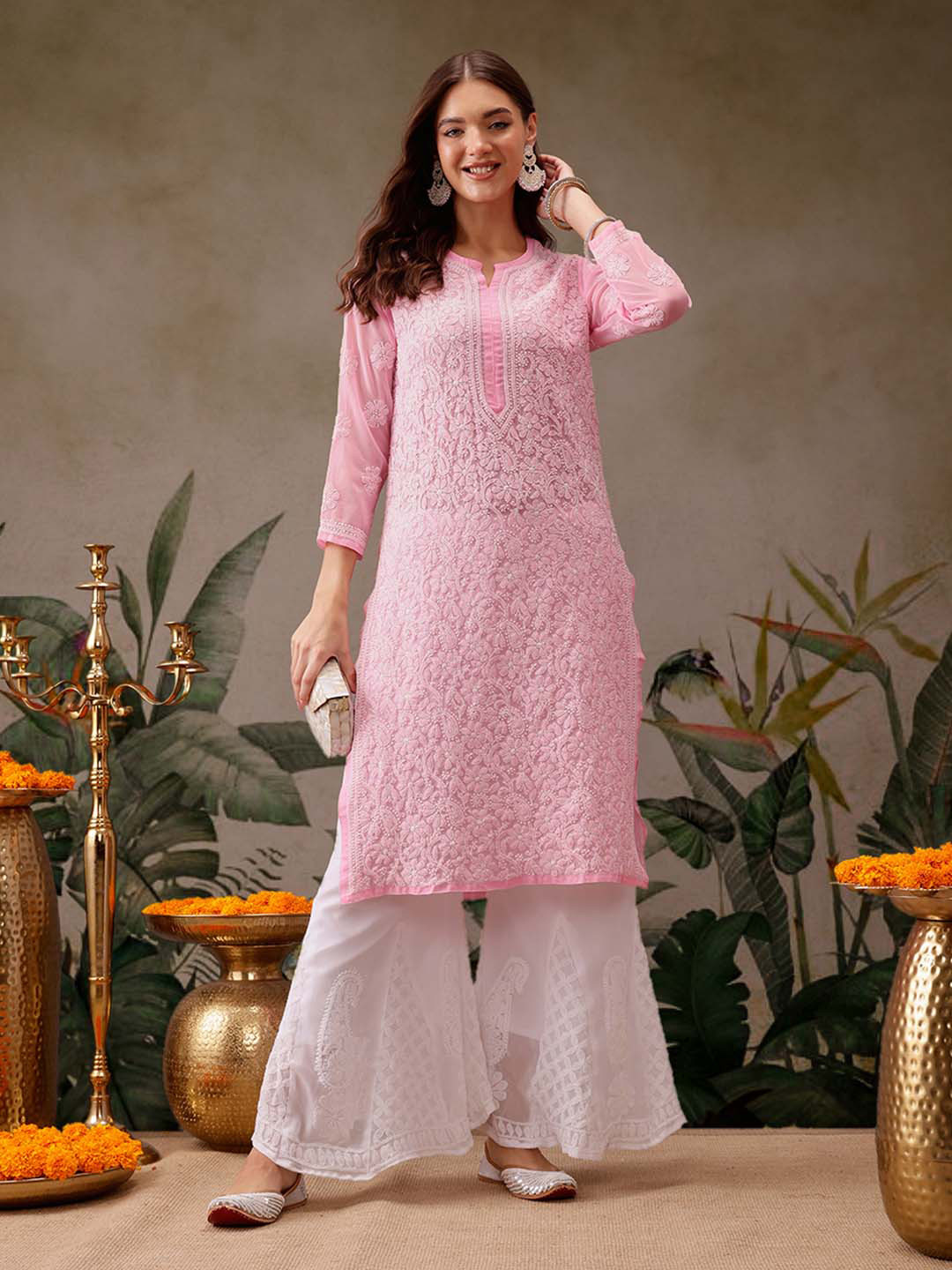 

ADA Women Plus Size Pink & White Ethnic Motifs Embroidered Chikankari Handloom Kurta