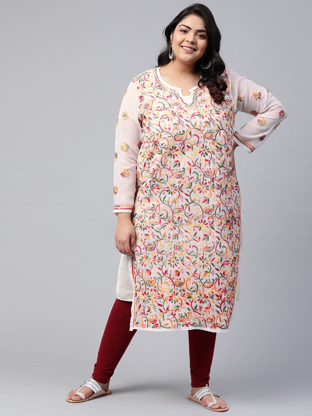 

ADA Women Plus Size Off White & Magenta Ethnic Motifs Chikankari Georgette Handloom Kurta With Slip