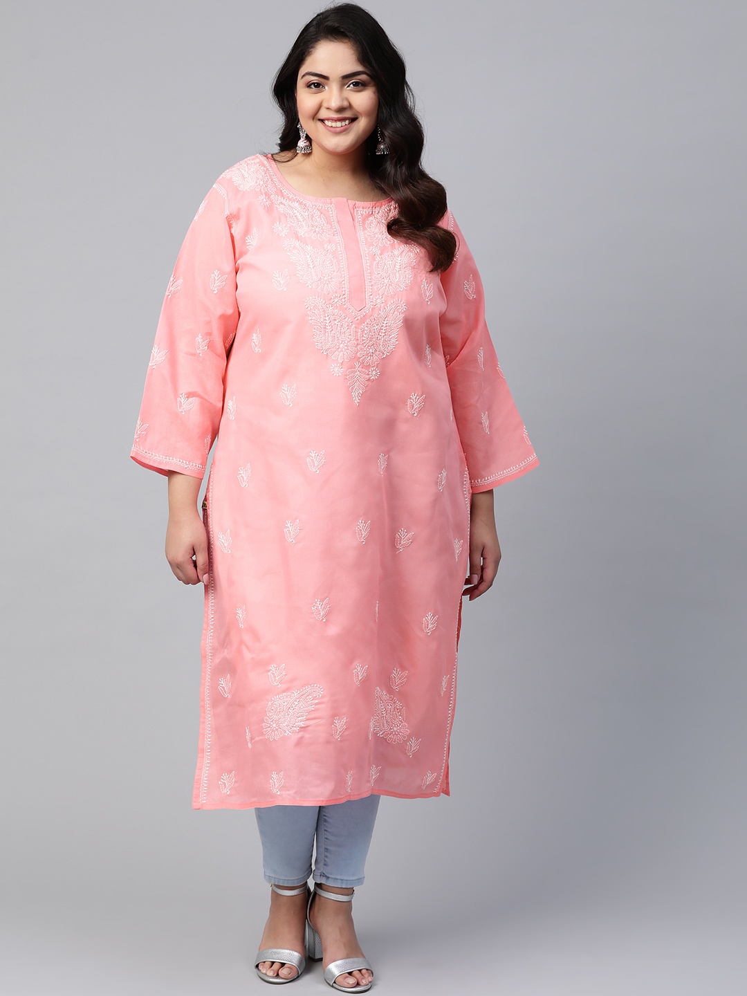 

Ada Women Plus Size Peach-coloured & White Ethnic Motifs Embroidered Chikankari Handloom Kurta