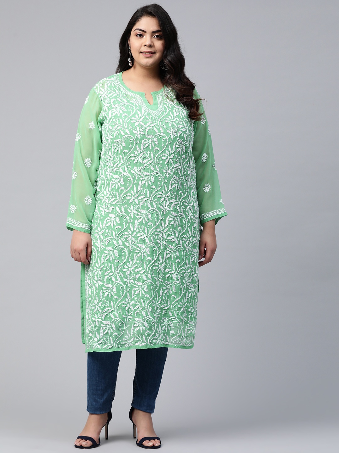 

ADA Women Plus Size Green & White Ethnic Motifs Embroidered Chikankari Handloom Kurta With Slip