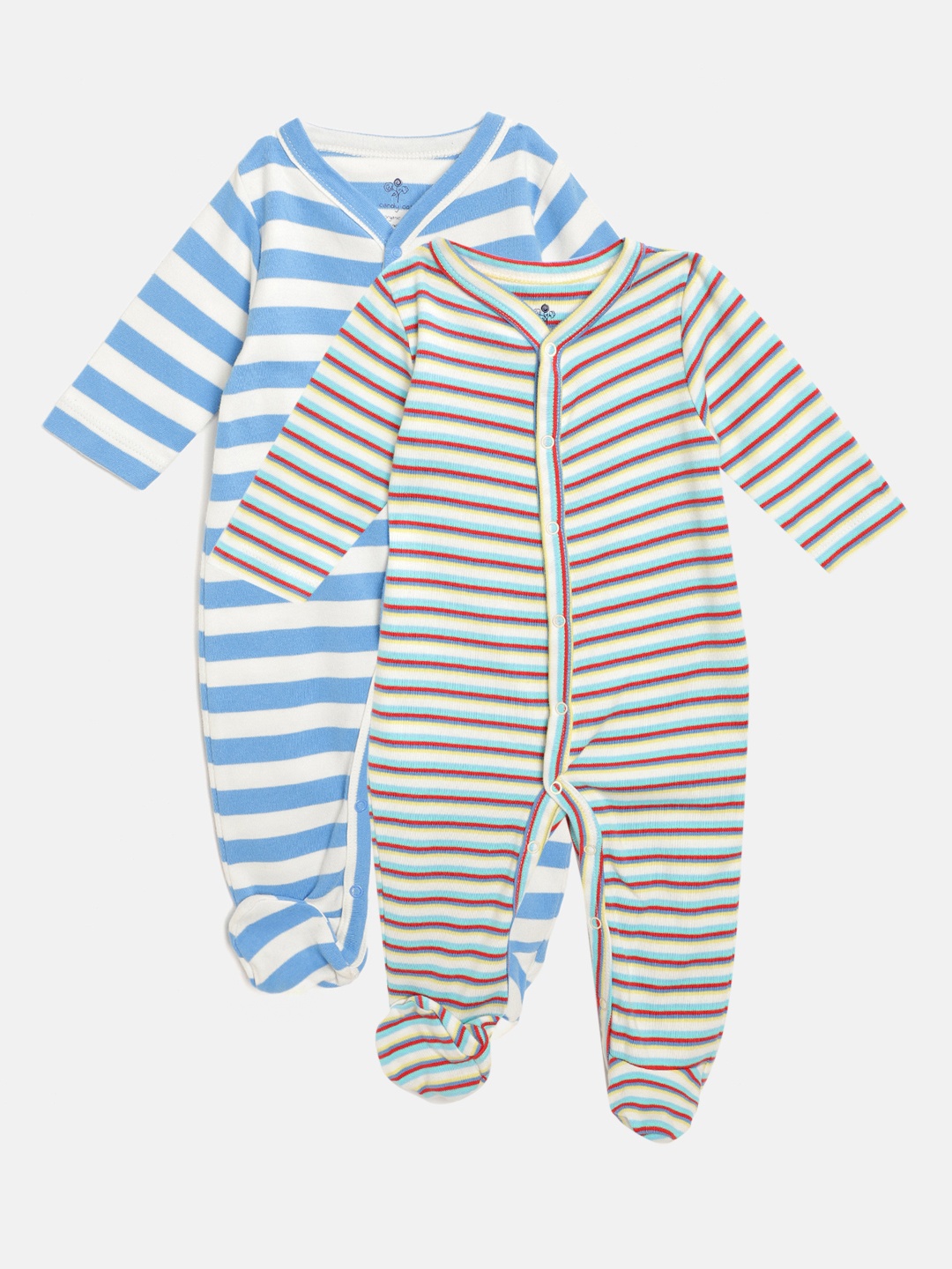 

candy cot Infant Kids Pack of 2 Striped Pure Cotton Sleepsuits, Blue