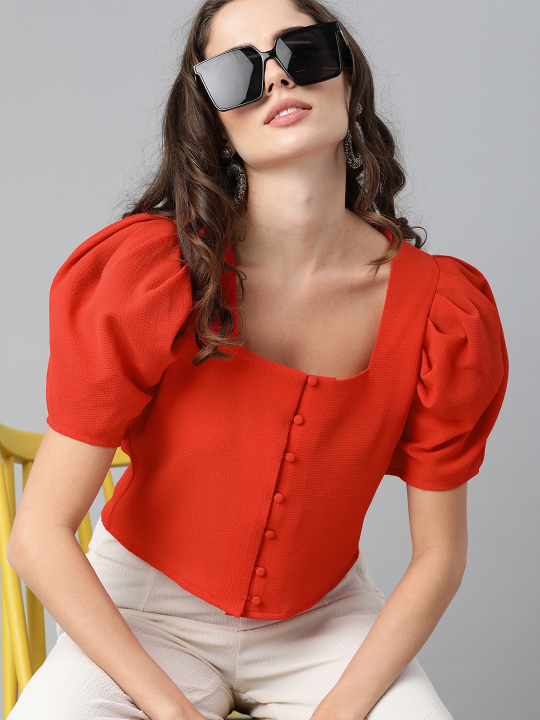 

Kassually Red Solid Puff Sleeves Regular Crop Top