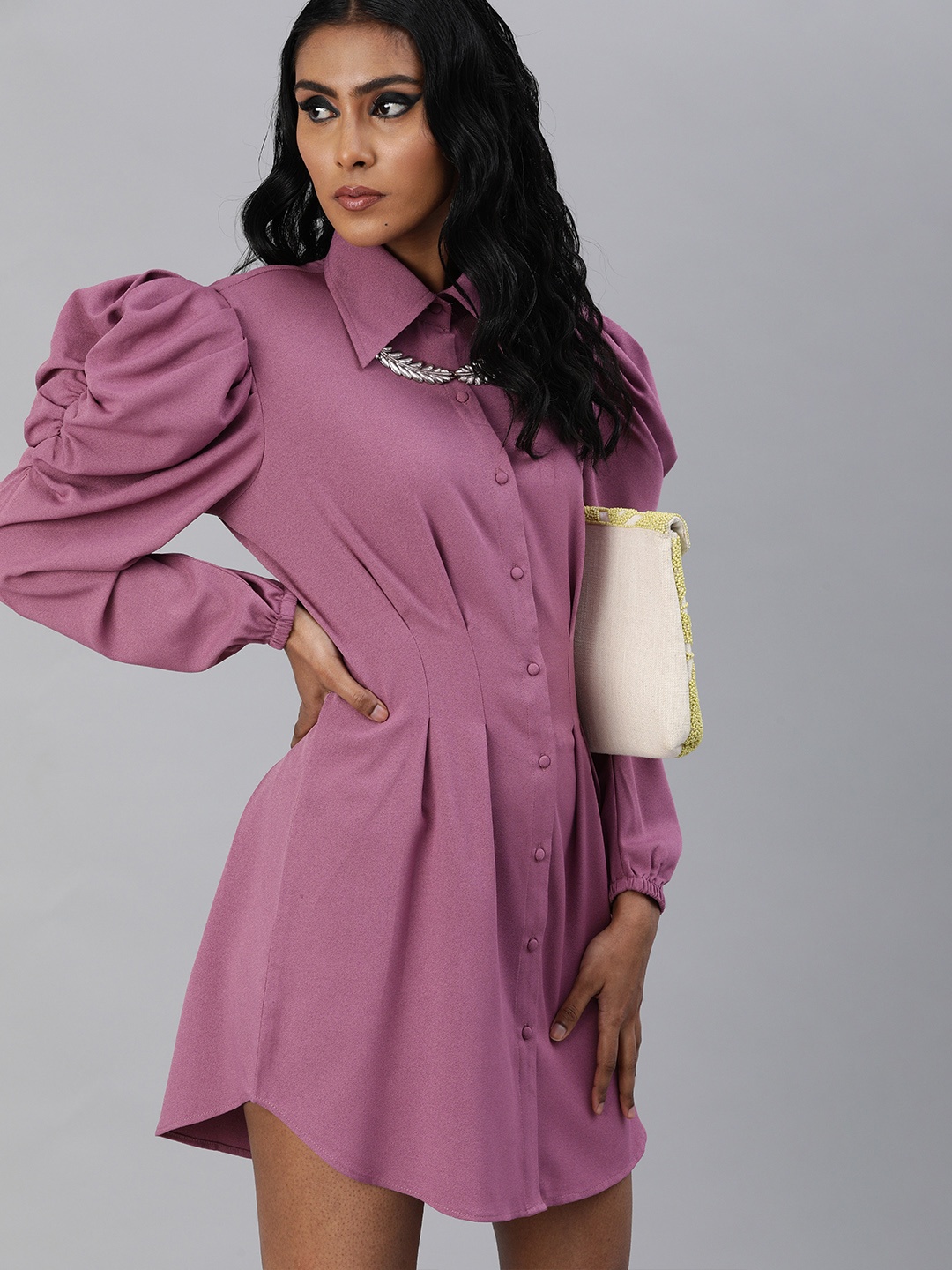 

KASSUALLY Women Purple Solid Pleated Power Shoulder Shirt Dress