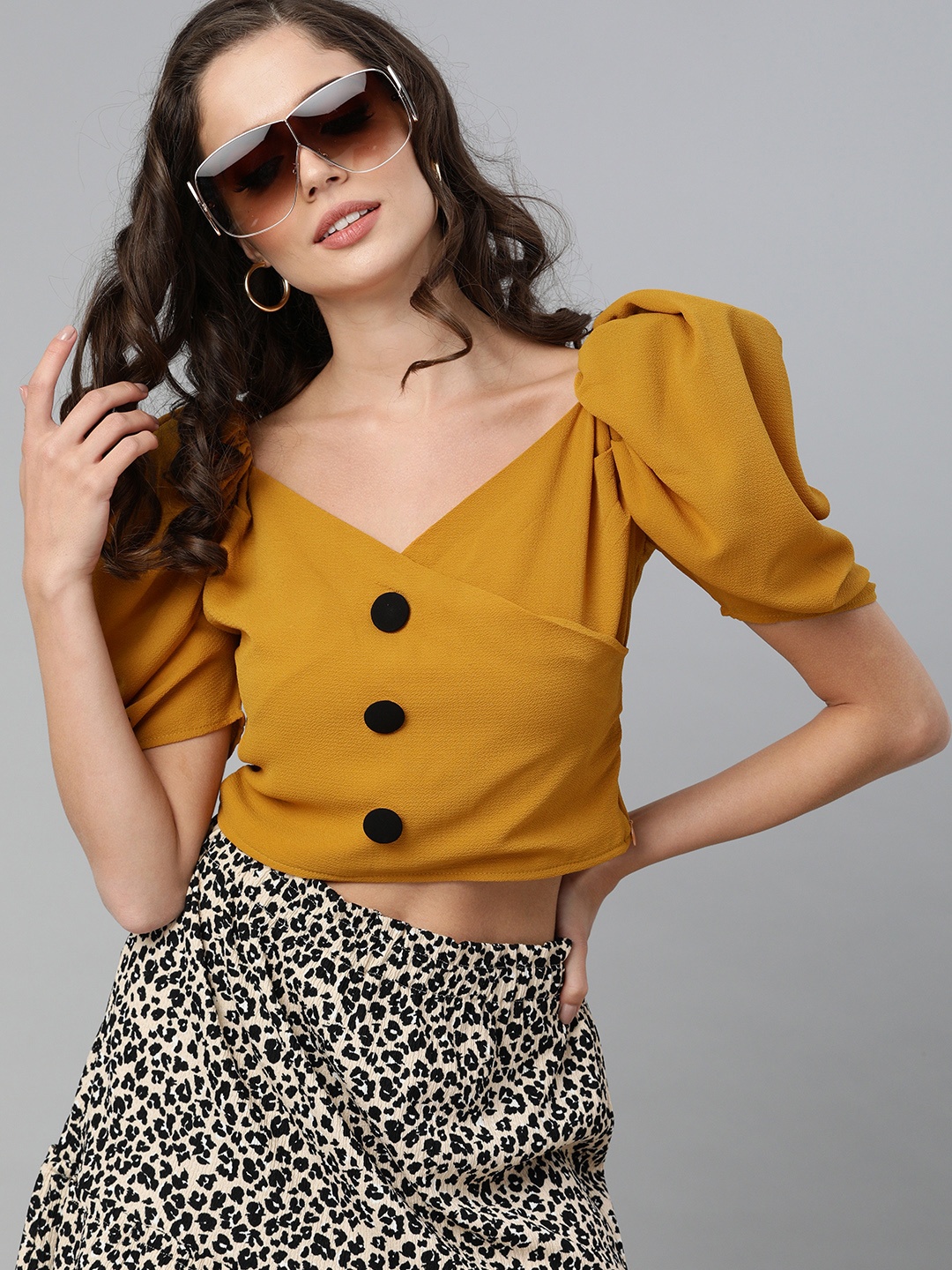 

Kassually Mustard Yellow Solid Puff Sleeves Wrap Crop Top