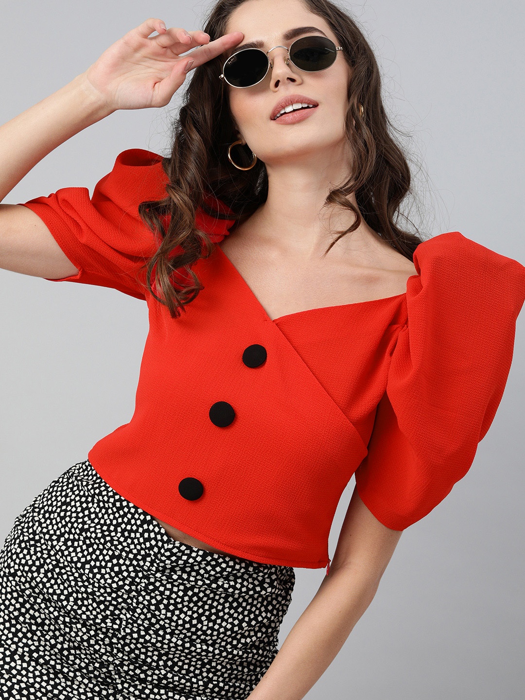 

Kassually Red V-Neck Puff Sleeves Wrap Crop Top