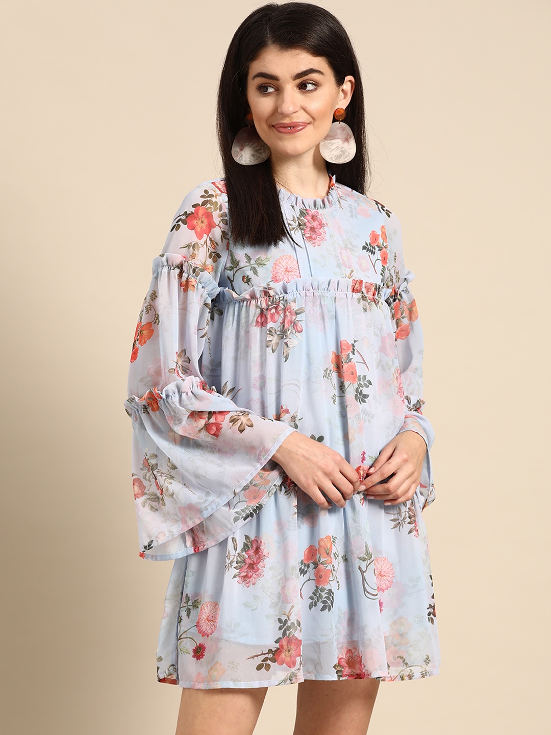 

Prakrti Women Purple & Coral Pink Floral Printed Tiered A-Line Dress