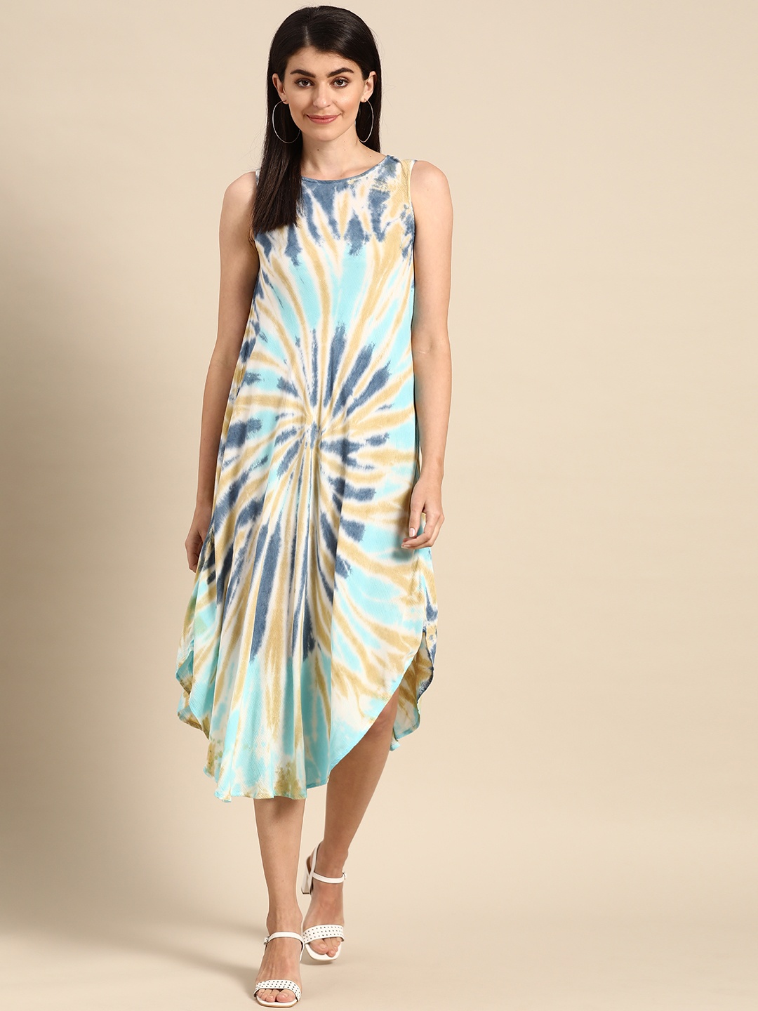 

Prakrti Women Blue & Beige Dyed A-Line Dress