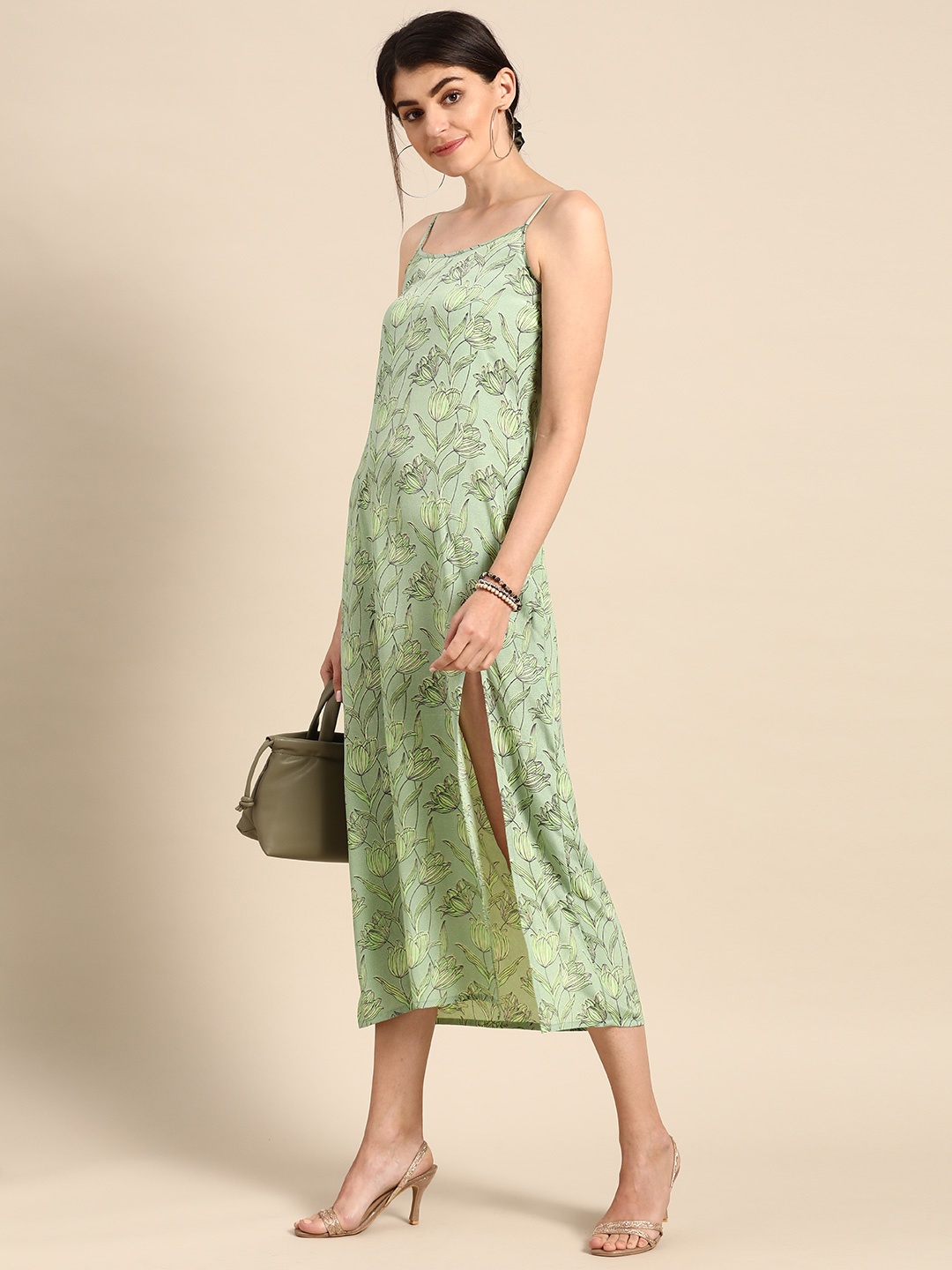 

Prakrti Women Green Digital Leaf Printed Maxi Dress
