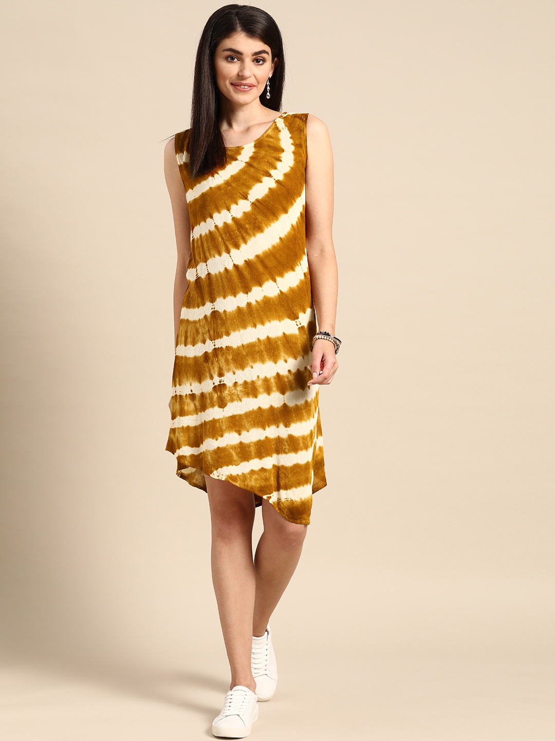 

Prakrti Women Mustard Brown & Off-White Dyed A-Line Sustainable Dress