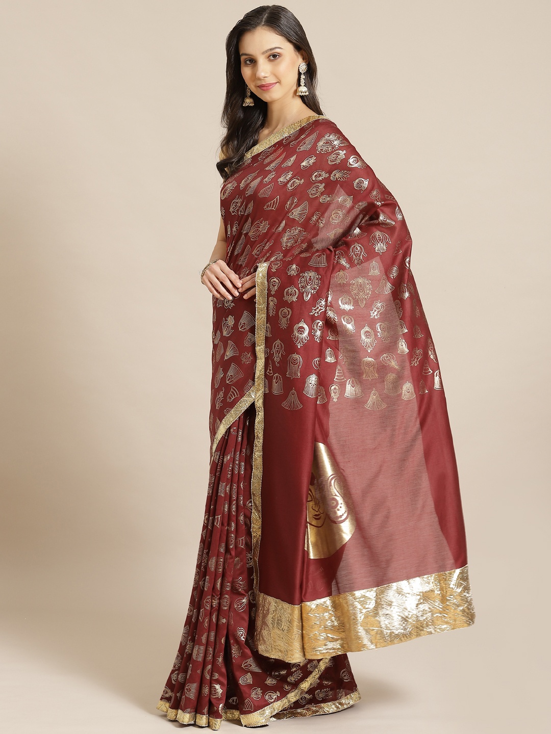 

Masaba Maroon & Golden Pure Crepe Foil Printed Designer Saree